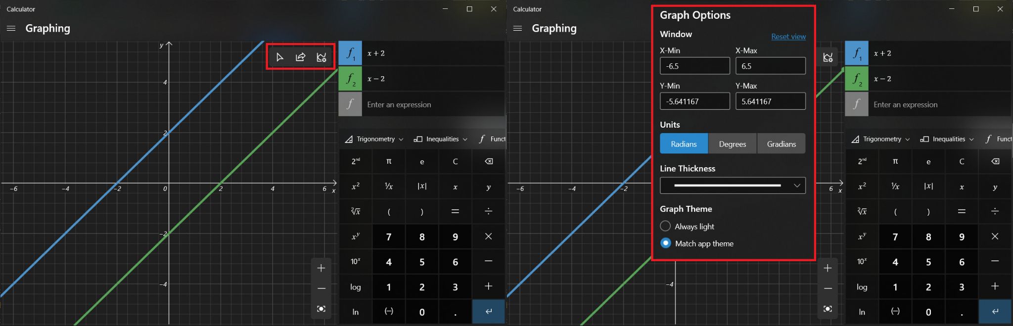 Une fois les équations mappées, trois nouvelles options deviennent actives en haut à droite de la fenêtre graphique. La première option vous permet de tracer les lignes tracées à l'aide de la souris ou du clavier, la suivante consiste à partager le graphique par courrier électronique et la dernière vous permet de personnaliser le graphique. Vous pouvez modifier les valeurs minimales et maximales de X et Y, basculer entre différentes unités comme les degrés, les radians et les grades, ajuster l'épaisseur de la ligne et le thème du graphique. Comment activer le mode graphique de la calculatrice dans Windows 10