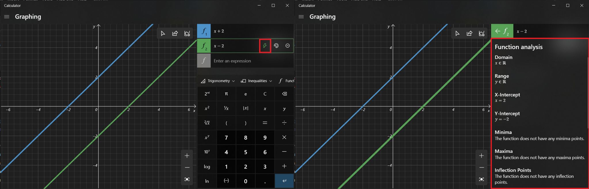 En plus de tracer des équations, le mode graphique peut également être utilisé pour analyser des équations (mais pas toutes). Pour vérifier l'analyse fonctionnelle d'une équation, cliquez sur l'icône d'éclair à côté de celle-ci.