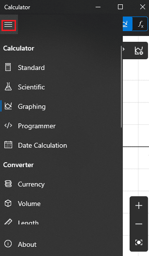 ouvrez l'application Calculatrice et cliquez sur l'icône hamburger présente dans le coin supérieur gauche.
