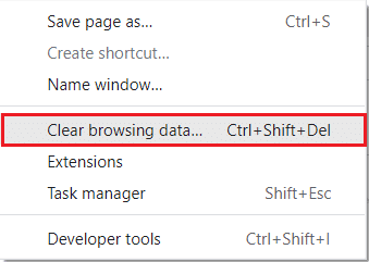 Chrome 추가 도구 드롭다운 메뉴에서 인터넷 사용 기록 삭제... 옵션을 선택합니다.