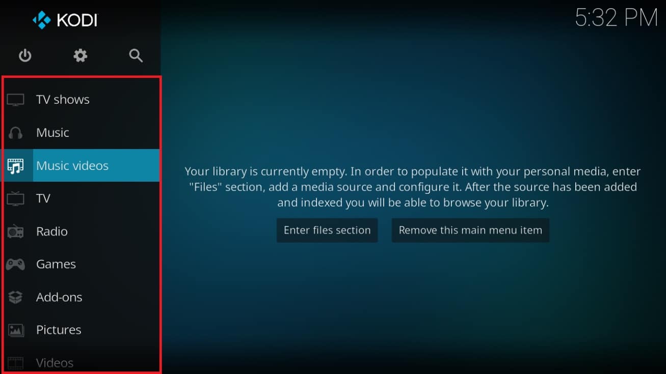 Di layar utama Kodi, buka salah satu tab samping. Cara Memperbarui Perpustakaan Kodi