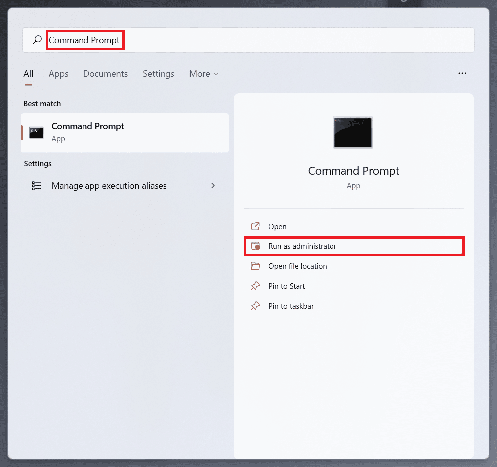 Résultats de la recherche du menu Démarrer pour l'invite de commande. Comment réparer l'erreur d'accès invalide à l'emplacement de la mémoire dans Valorant