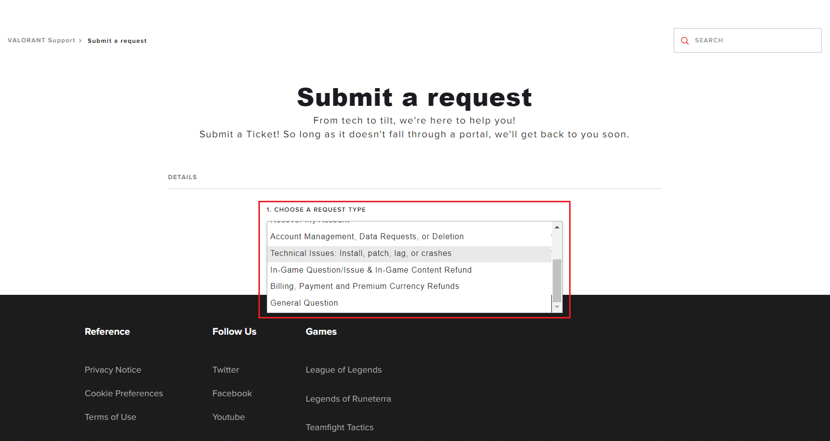 choisissez un type de demande dans la page de support valorant. Comment réparer l'erreur d'accès invalide à l'emplacement de la mémoire dans Valorant