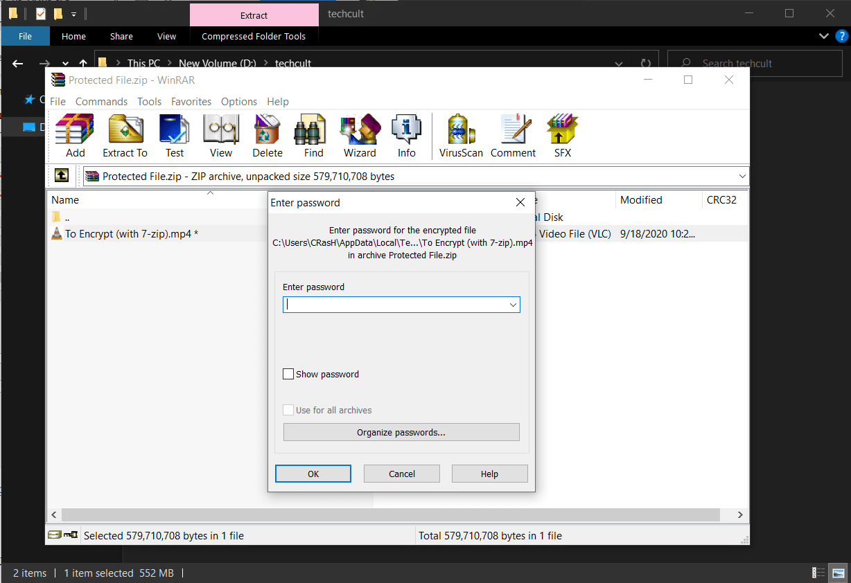 Proses enkripsi mungkin memakan waktu beberapa menit untuk selesai tergantung pada ukuran file dan file .zip yang dilindungi kata sandi akan muncul di lokasi yang sama dengan file aslinya. File zip dapat dibuka oleh siapa saja tetapi untuk mengekstrak isinya dan oleh karena itu, untuk melihatnya, mereka akan memerlukan kata sandi jadi tetapkan yang kuat. perangkat lunak enkripsi folder