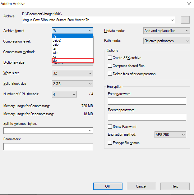 Klik daftar drop-down format Arsip dan pilih zip dalam perangkat lunak enkripsi folder. Cara Mengenkripsi Folder di Windows 10
