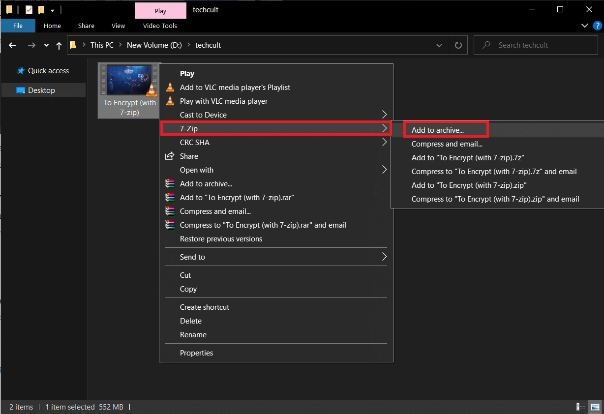 Klik kanan pada file yang ingin Anda enkripsi dan buka 7 zip. Pilih Tambahkan ke arsip… opsi. Cara Mengenkripsi Folder di Windows 10