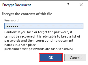 Pada popup Encrypt Document berikut, ketik password yang diinginkan dan klik OK.
