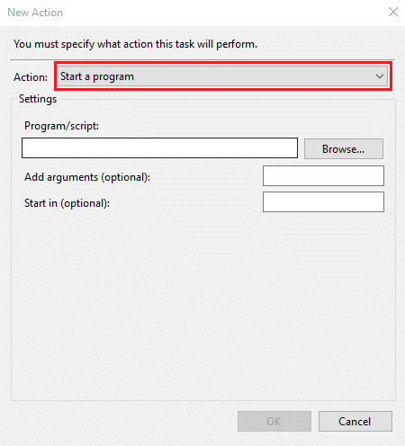 Di sebelah Tindakan Pilih mulai program dari dropdown. Cara Mengatur Alarm di Windows 10 dan mengizinkan pengatur waktu bangun