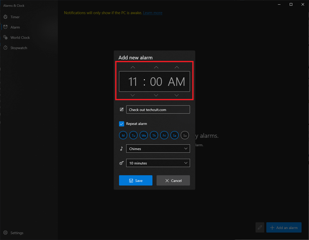 Gunakan tombol panah untuk memilih waktu alarm yang diinginkan. Hati-hati memilih antara AM dan PM. Cara Mengatur Alarm di Windows 10 dan mengizinkan pengatur waktu bangun