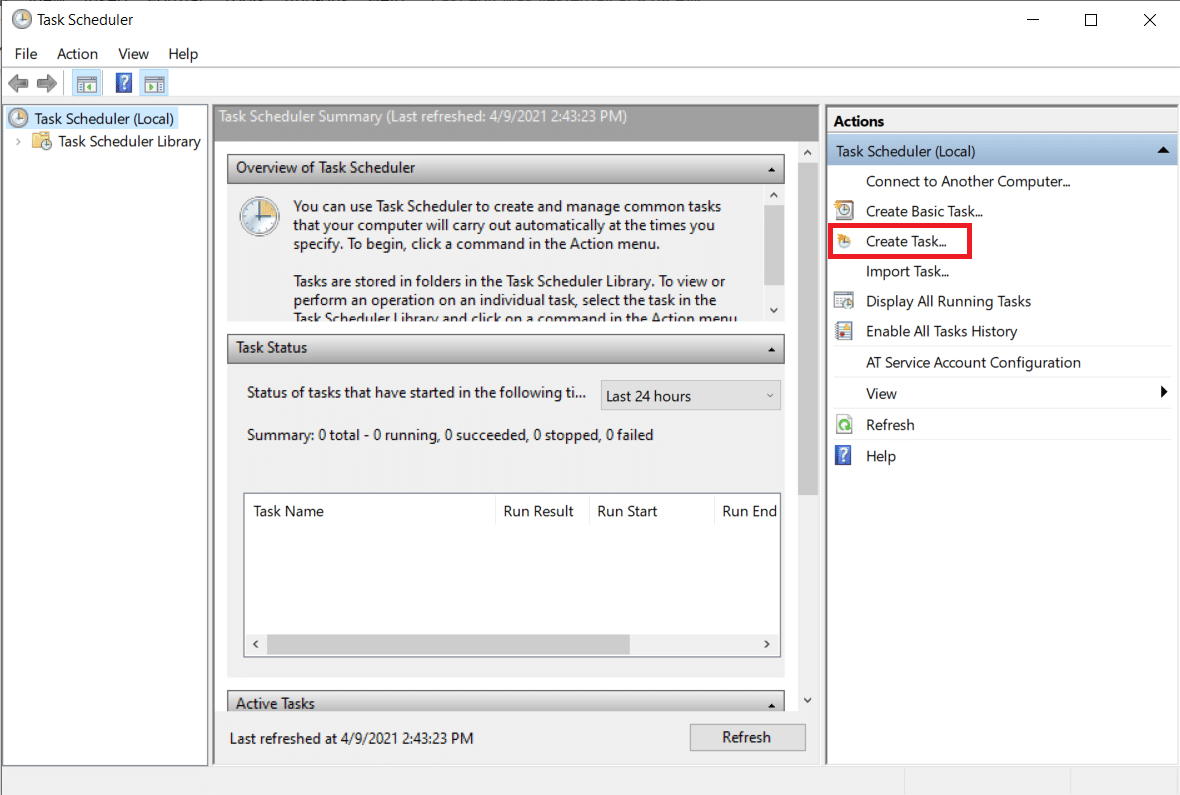 Di panel kanan di bawah Tindakan, klik Buat Tugas… Cara Mengatur Alarm di Windows 10 dan izinkan pengatur waktu bangun