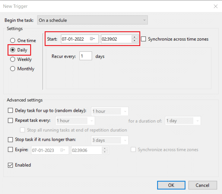 atur pemicu baru ke harian dan mulai waktu dan tanggal di jendela Buat Penjadwal Tugas. Cara Mengatur Alarm di Windows 10