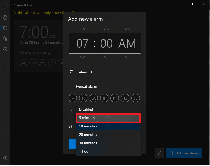 Terakhir, atur waktu tunda dari menu tarik-turun di sebelah ikon tunda. Cara Mengatur Alarm di Windows 10 dan mengizinkan pengatur waktu bangun