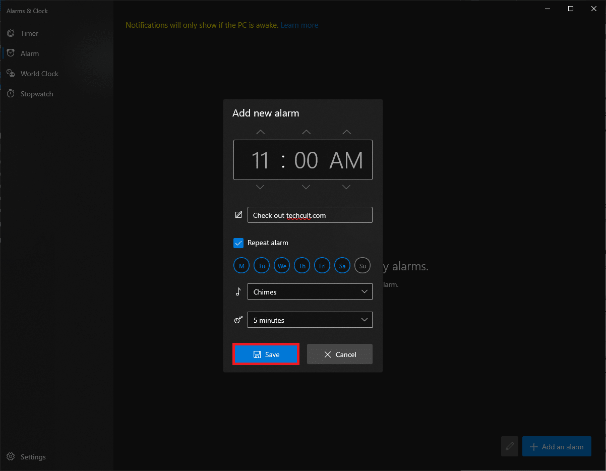 Klik Simpan untuk menyimpan alarm khusus Anda.
