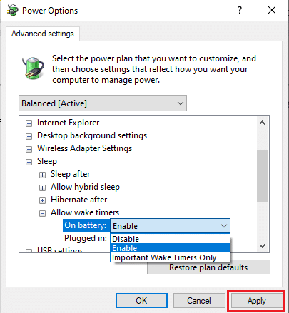 Arahkan ke Allow wake timers di bawah Sleep dan klik Enable dari dropdown. Klik tombol Terapkan untuk menyimpan perubahan.