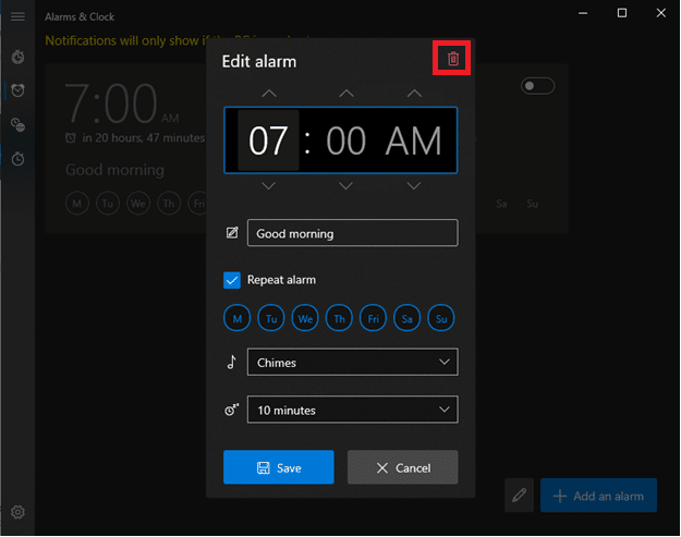 Klik tombol tempat sampah di sudut kanan untuk menghapus alarm khusus Anda. Cara Mengatur Alarm di Windows 10