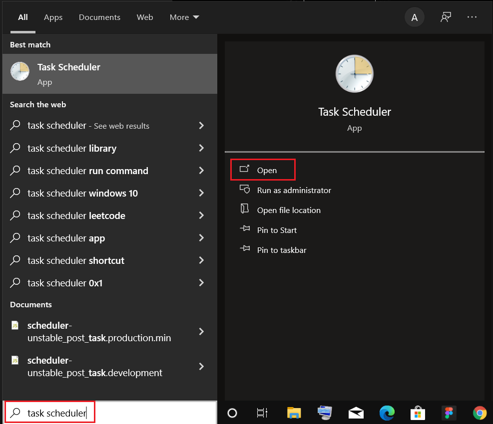 buka penjadwal tugas dari bilah pencarian windows