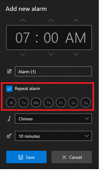 Centang kotak Ulangi Alarm dan klik ikon hari untuk mengulang alarm pada hari yang disebutkan.