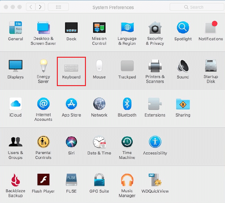 klik Keyboard di System Preferences MacBook