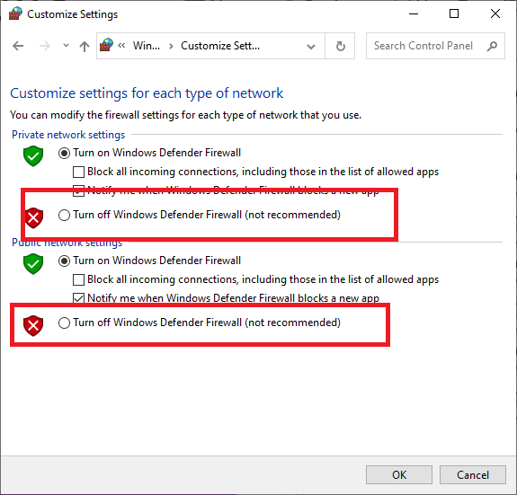 Matikan Windows Defender Firewall untuk 3 kategori jaringan yaitu Domain, Pribadi dan Publik, dan tekan OK.