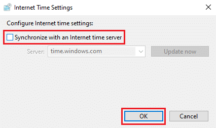 Hapus centang opsi, Sinkronkan dengan server waktu Internet klik OK