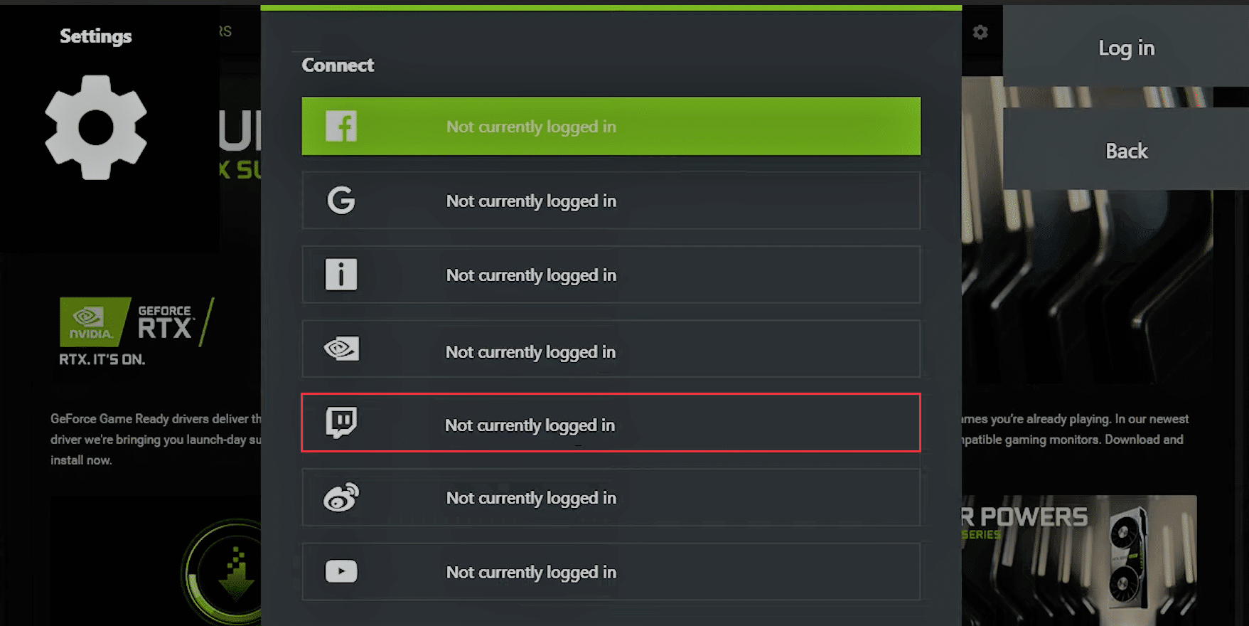 Keluar dari Twitch dari menu Connect