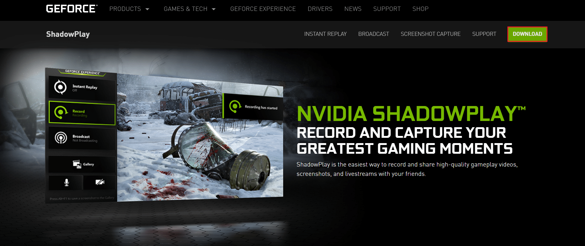 Halaman web NVIDIA ShadowPlay