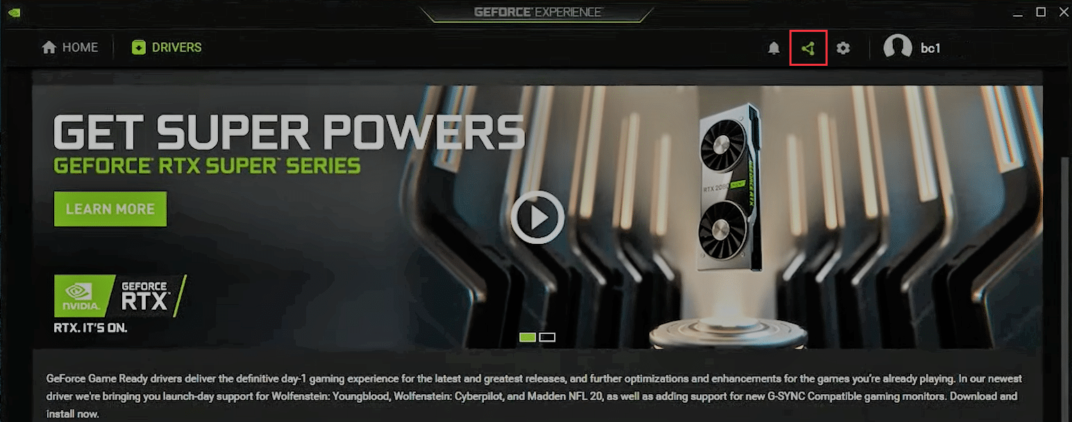 klik ikon bagikan di GeForce Experience untuk meluncurkan overlay permainan bayangan
