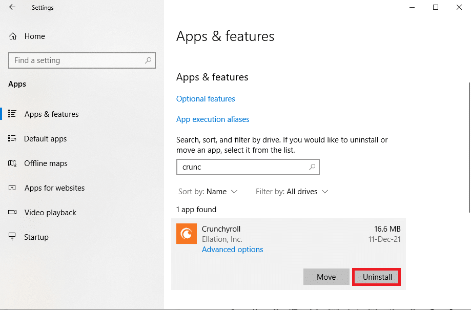 klik Crunchyroll dan pilih opsi Uninstall. Perbaiki Touchpad Scroll Tidak Bekerja di Windows 10