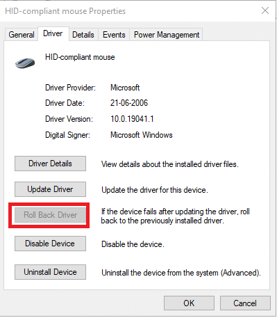 Di bawah Driver klik Roll Back Driver untuk mengubah versi Anda ke versi sebelumnya.