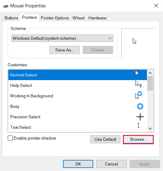 klik tombol Browse untuk memilih pointer secara manual di tab Mouse Properties Pointers