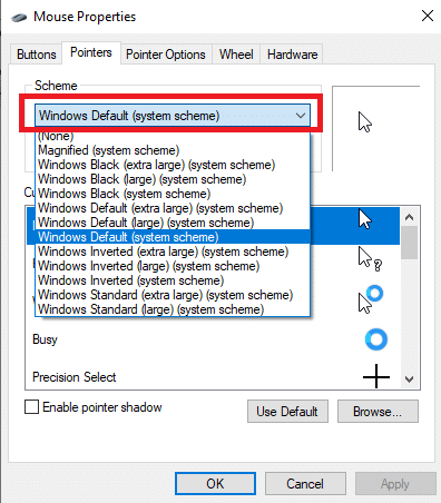 Buka daftar tarik-turun di bawah Skema dan pilih penunjuk yang berbeda. Perbaiki Touchpad Scroll Tidak Bekerja di Windows 10