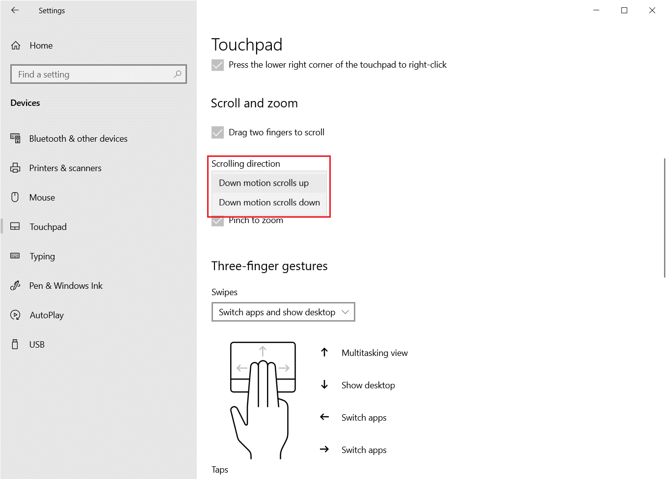 pilih arah pengguliran di bagian Gulir dan perbesar untuk menyeret dua jari untuk memperbesar opsi di pengaturan Touchpad. Perbaiki Touchpad Scroll Tidak Bekerja di Windows 10