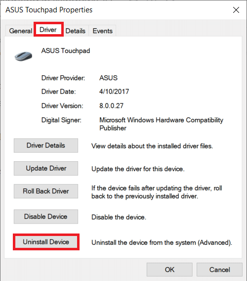 Di tab Driver, klik Copot Perangkat.