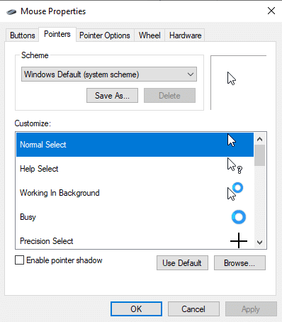 Arahkan ke tab Pointer di Mouse Properties Windows. Perbaiki Touchpad Scroll Tidak Bekerja di Windows 10