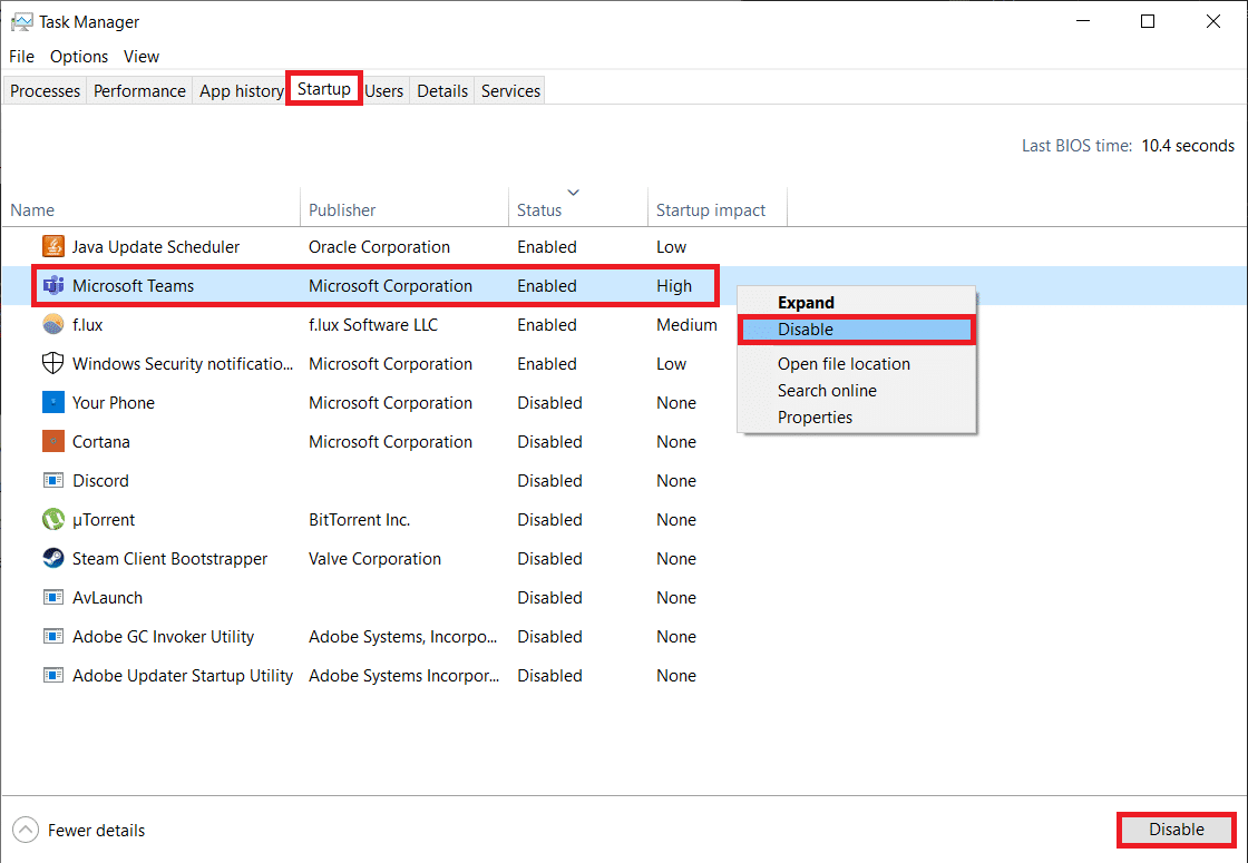 klik kanan Microsoft Teams dan pilih Nonaktifkan