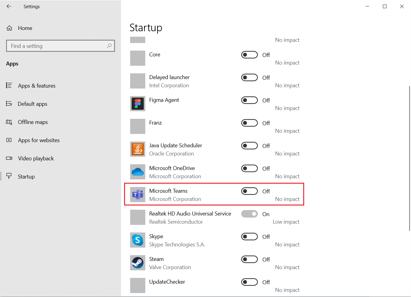 matikan sakelar untuk Microsoft Teams di Pengaturan Startup