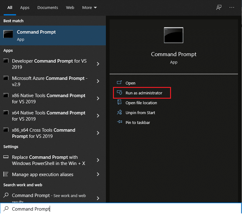 Ketik Command Prompt, dan klik opsi Run as administrator di panel kanan.