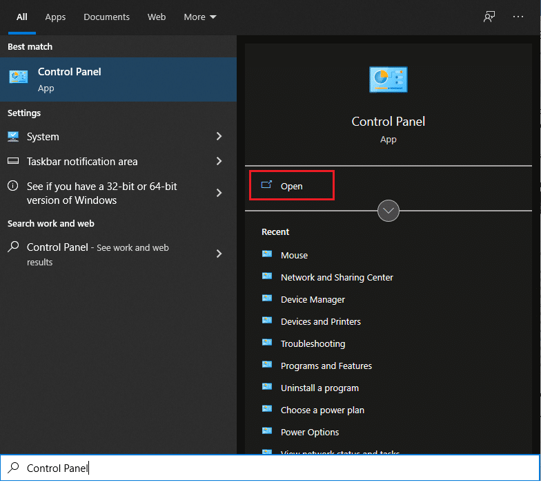 Ketik Control Panel di menu Start dan klik Open di panel kanan.