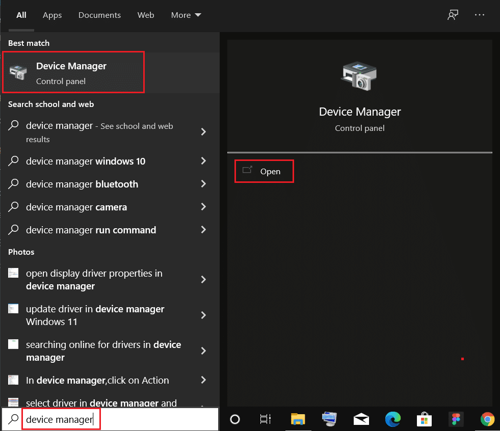 tekan tombol windows, ketik manajer perangkat, dan klik Buka
