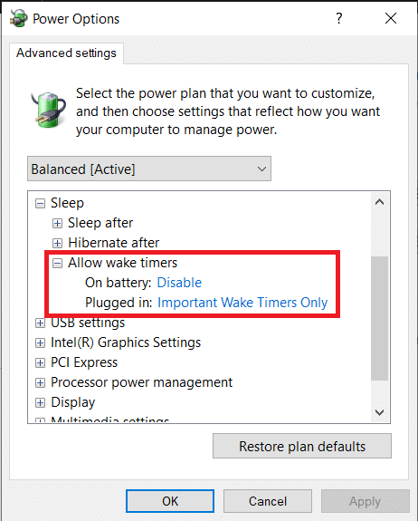 Klik Izinkan pengatur waktu bangun dan pilih Nonaktifkan dari menu. Perbaiki Mode Tidur Windows 10 Tidak Berfungsi