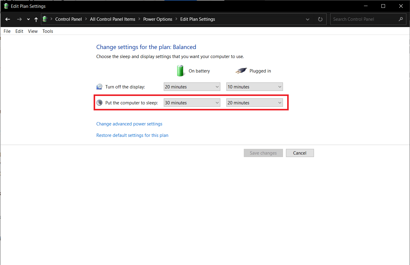 Klik daftar drop-down yang sesuai dengan Put the computer to sleep dan pilih waktu idle di bawah On battery and Plugged in.
