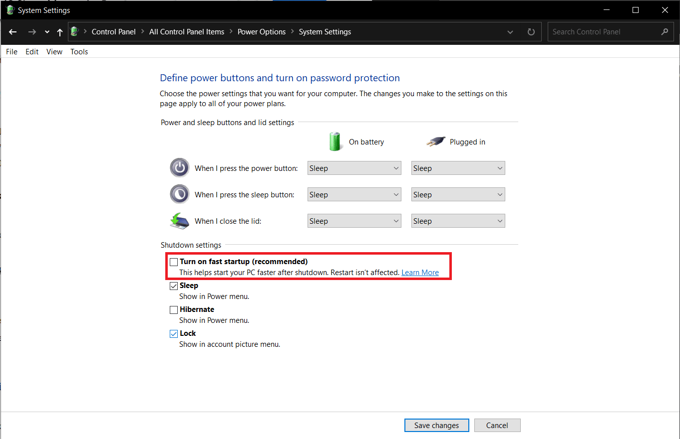 Hapus centang pada opsi Aktifkan opsi mulai cepat. Perbaiki Mode Tidur Windows 10 Tidak Berfungsi