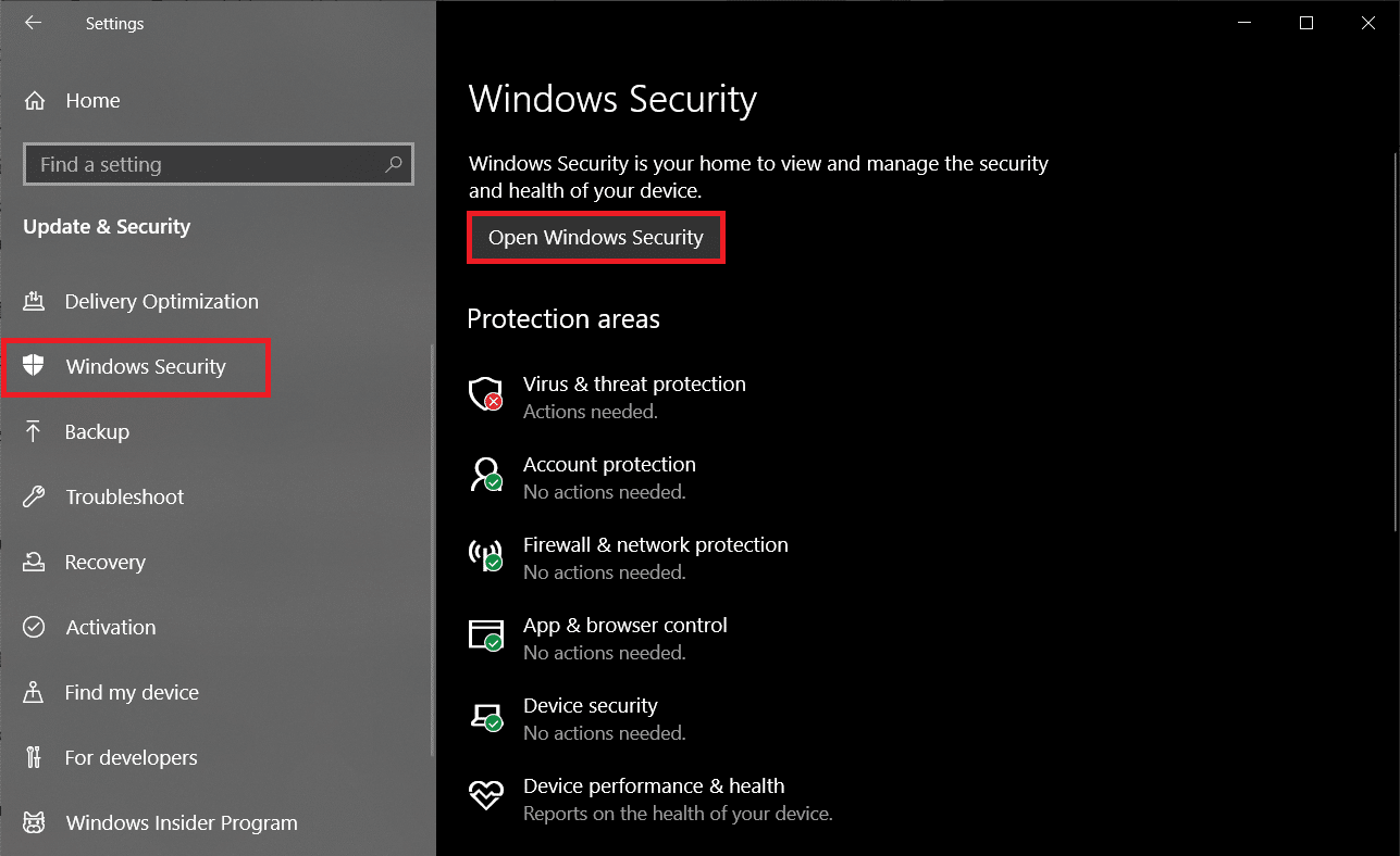 Buka halaman Keamanan Windows dan klik tombol Buka Keamanan Windows.