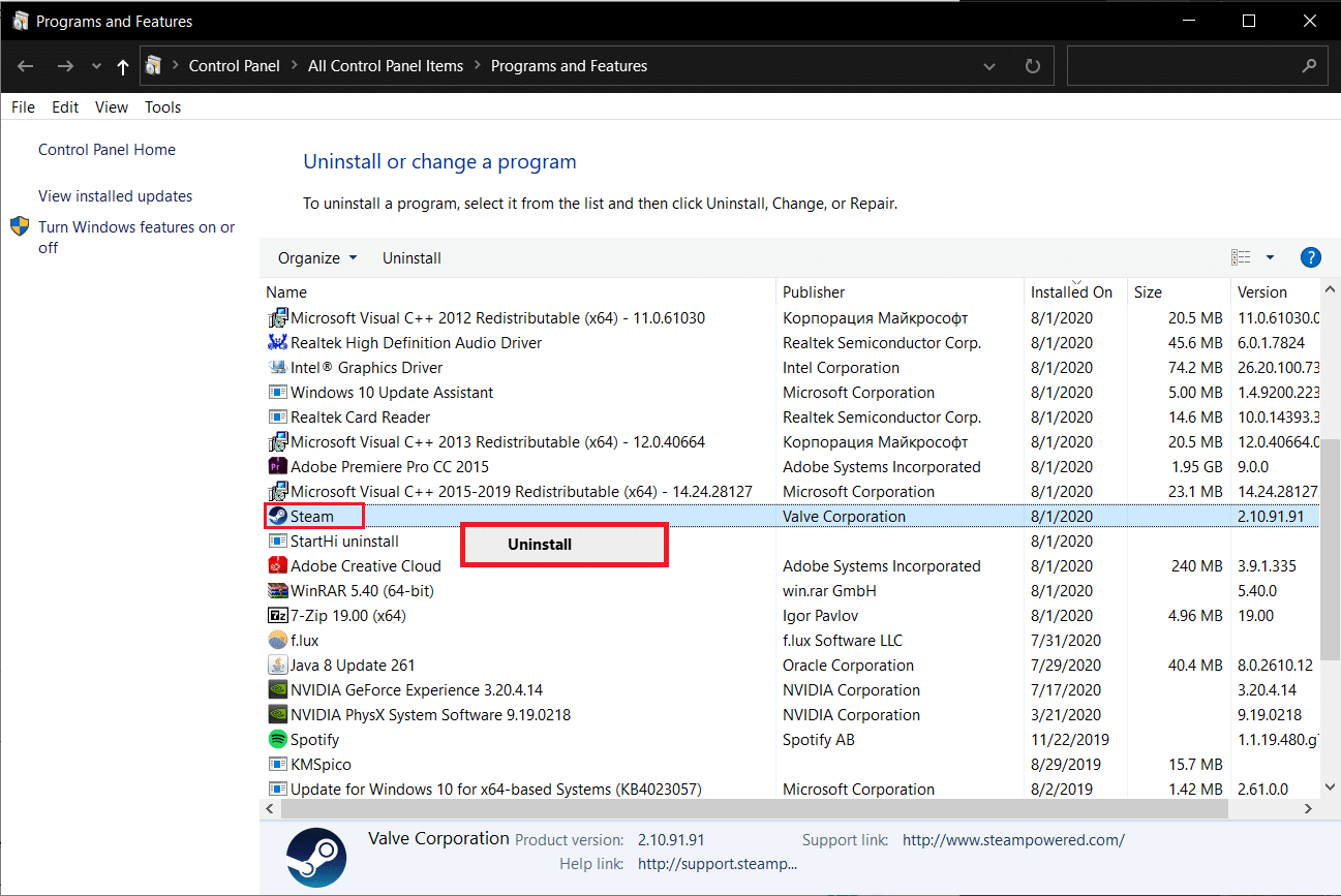 Temukan Steam dan klik kanan padanya dan pilih Uninstall Note Di jendela pop up berikut, konfirmasikan tindakan Anda dengan mengklik Ya.