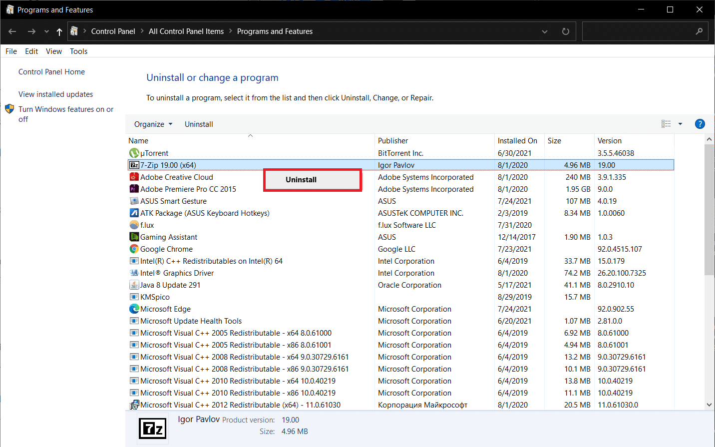 Klik kanan pada aplikasi dan pilih Uninstall untuk memperbaiki debugger telah ditemukan berjalan di sistem Anda, silakan bongkar dari kesalahan memori