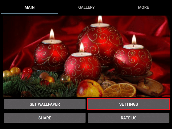 klik Pengaturan di aplikasi Android wallpaper 3D Lilin Natal