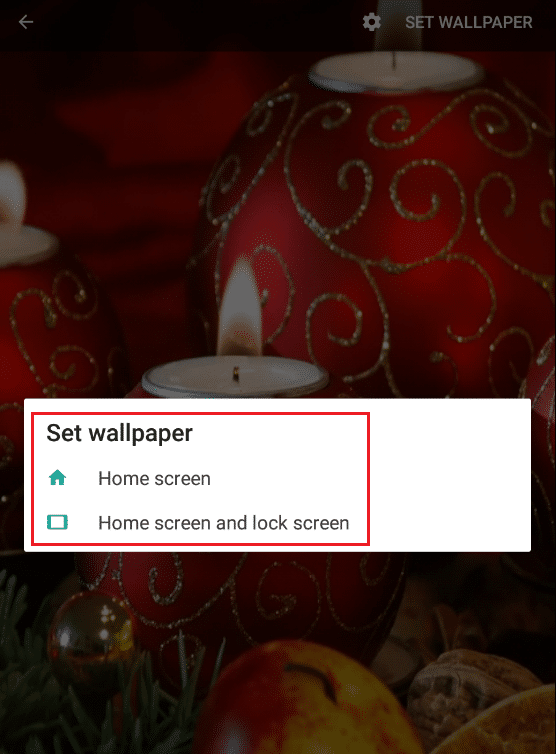 pilih salah satu opsi baik dalam mengatur wallpaper untuk layar beranda atau layar kunci dan layar beranda keduanya di Aplikasi Android Wallpaper 3D Lilin Natal