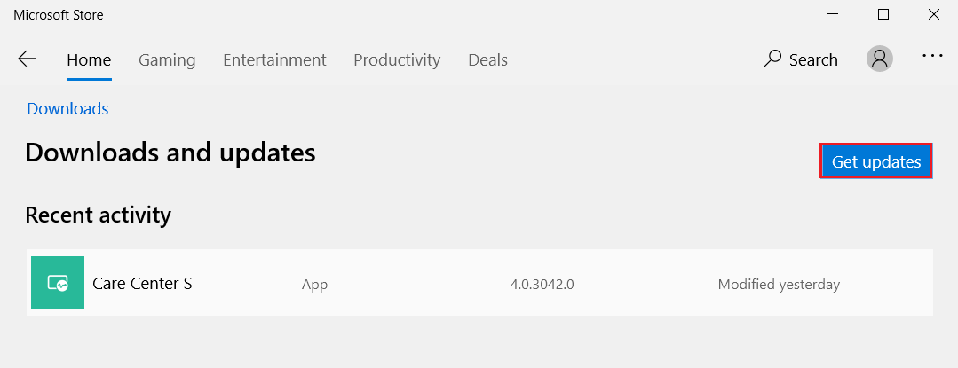 klik tombol Dapatkan Pembaruan di menu Unduh dan Pembaruan Microsoft Store