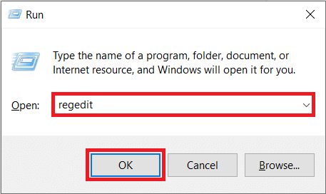 Tekan tombol Windows + R untuk membuka Run, ketik regedit di kotak perintah Run dan klik OK.