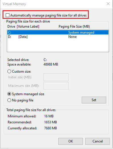 centang secara otomatis mengelola ukuran file paging untuk semua opsi drive. Cara Memperbaiki Penggunaan Disk Tinggi WSAPPX di Windows 10